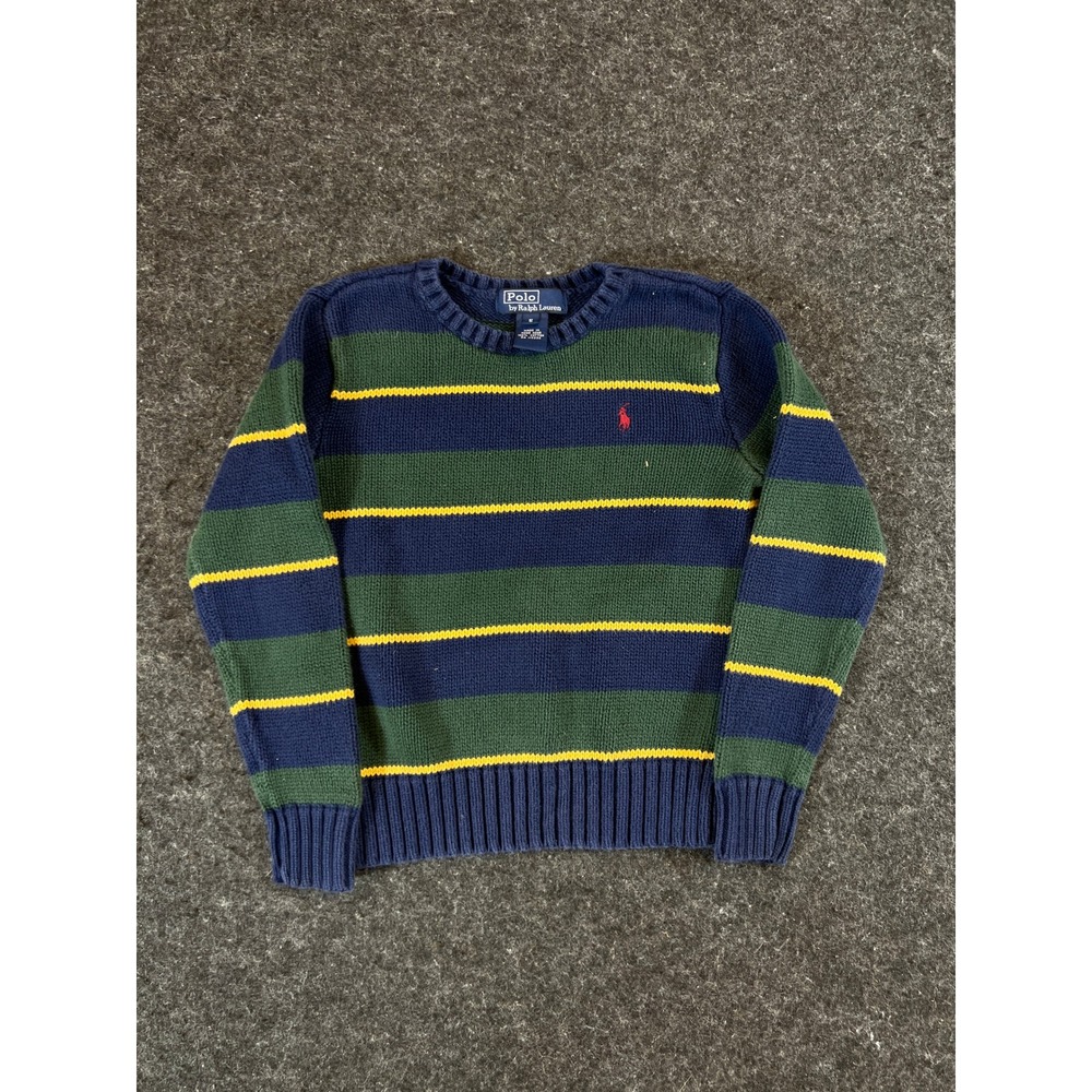 Vintage 90s Polo Ralph Lauren Striped Cotton Knit Sweater Navy Green Boys Size 5